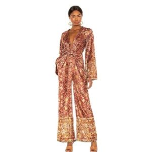 Free People Harper velvet printed jumpsuit in red multi